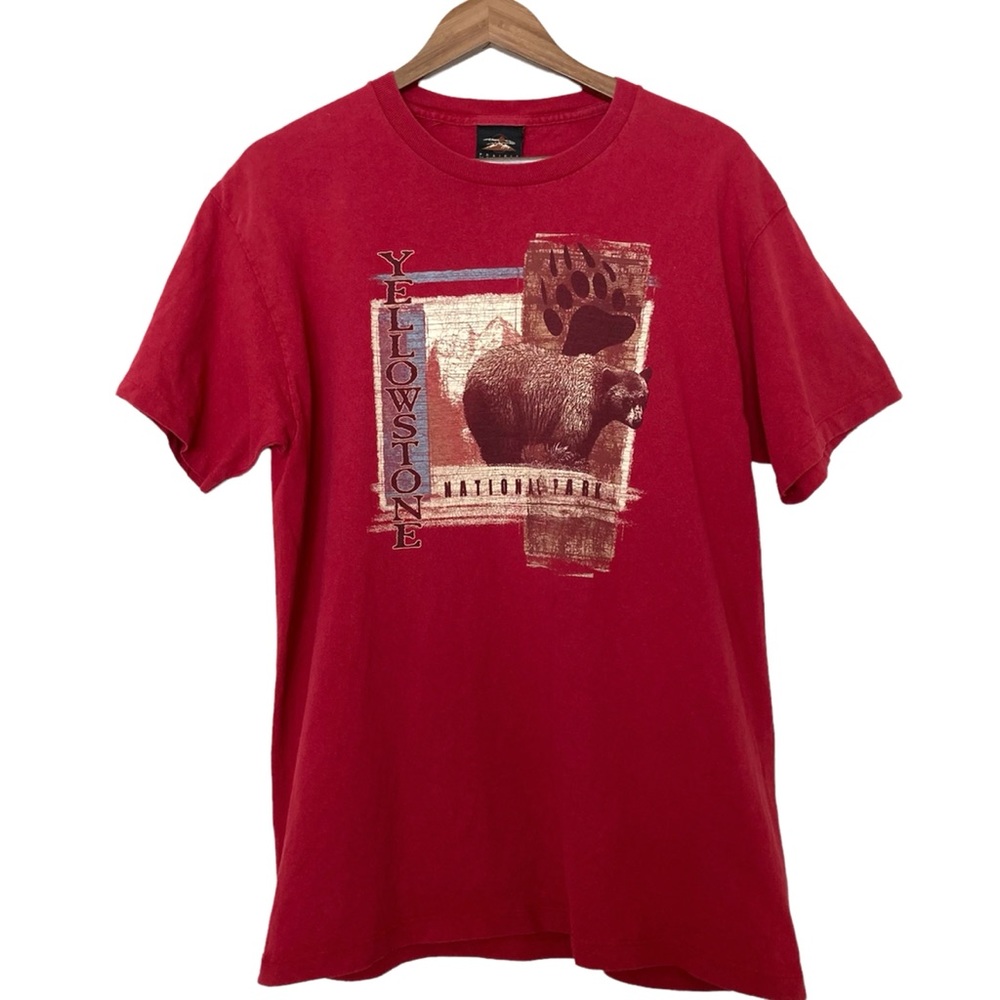 Yellowstone National Park Grizzly Bear Front Graphic Red Crewneck Tee Shirt